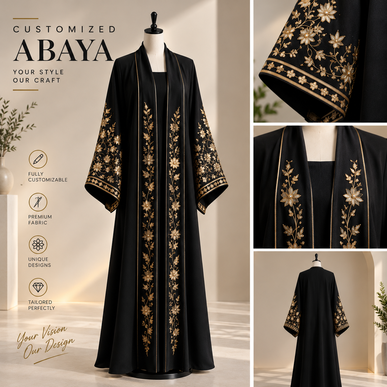 customized abaya gold embroidered elegance